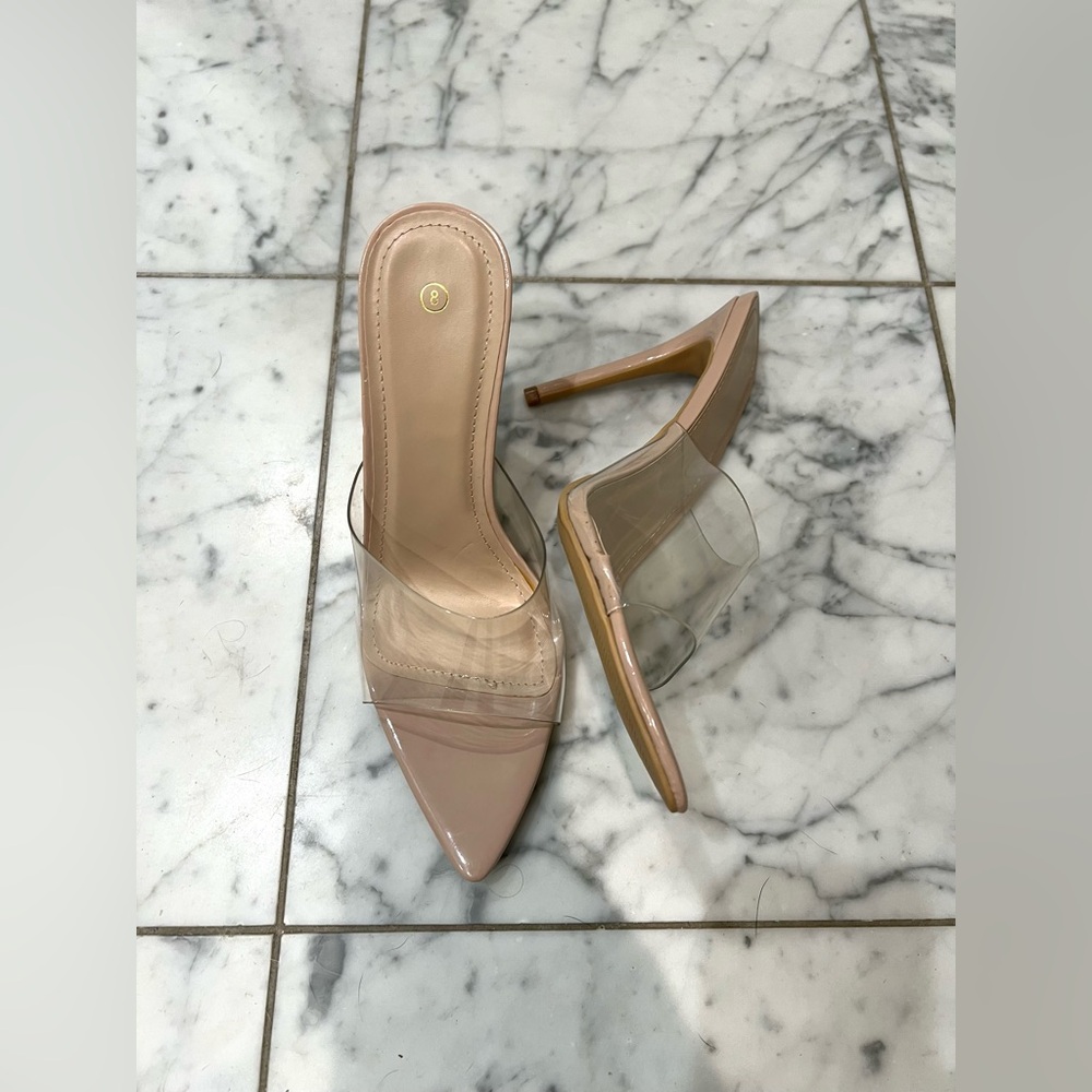Clear pointy toe nude heeled mules